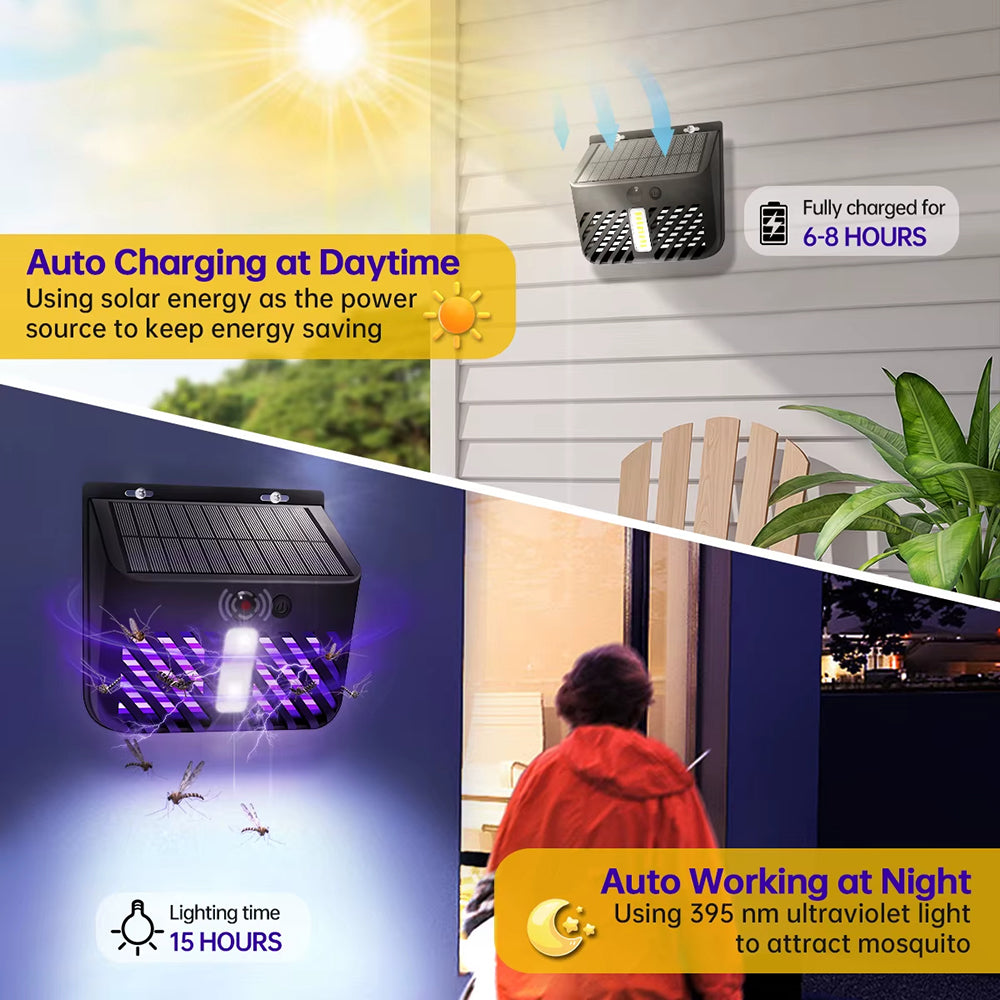 Solar-powered mosquito repellent with daytime and nighttime functionality, charging and working scenarios.