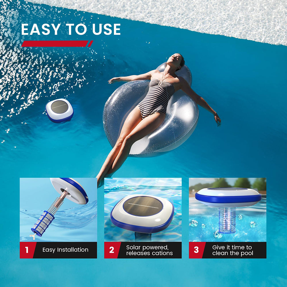 Woman relaxing on a pool float with pool cleaning device in the background, labeled 'Easy to Use'.