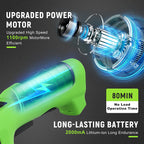 Green power tool with an upgraded power motor and long-lasting battery on a dark background