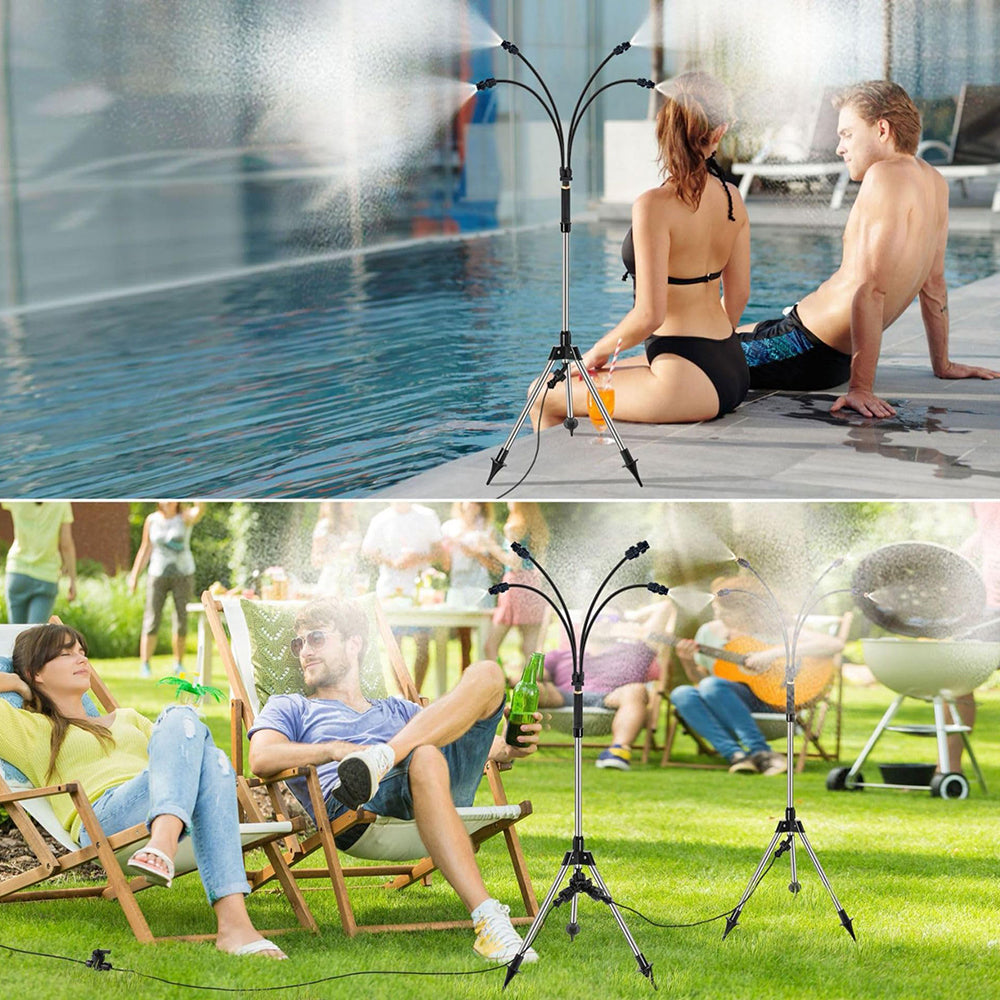 Portable misting system used by a couple by a pool and at a outdoor gathering.