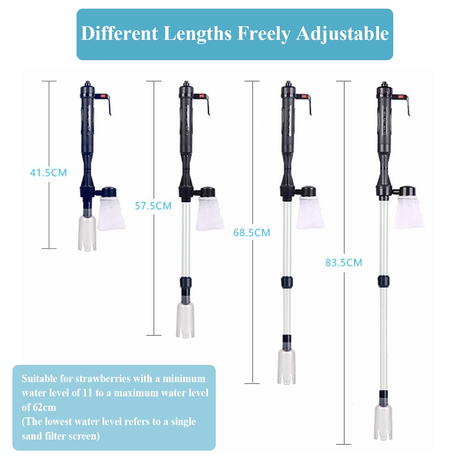 Set of adjustable irrigation nozzles with measurements on a white background