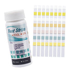 Test strips for pool and spa maintenance with a bottle labeled 'Test Strips Pool Spa'.