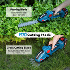Gardening tool with pruning and grass cutting blades on a green background