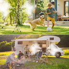 Top: Dog playing with a ball in a grassy area, Bottom: People around a campfire in front of a camper van.