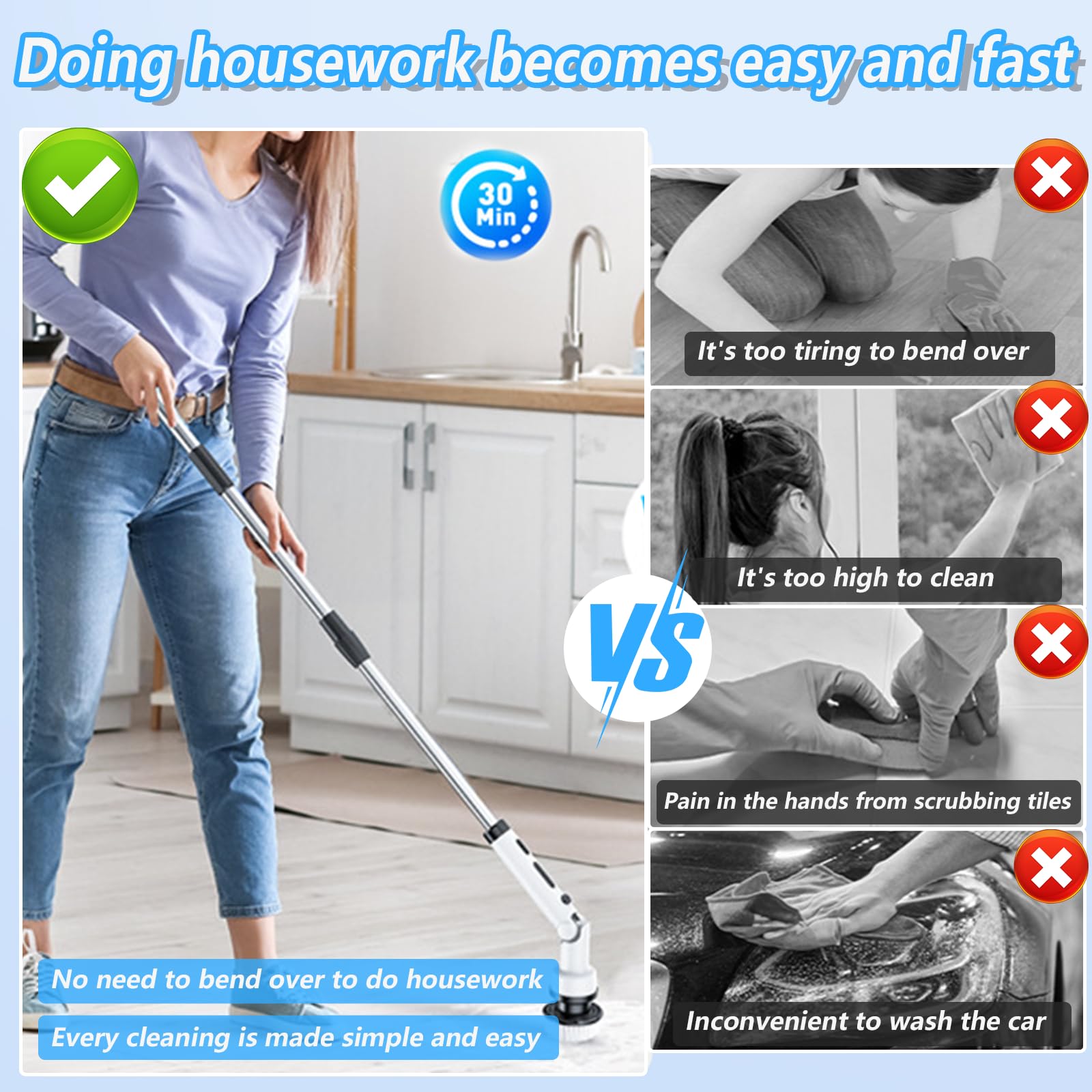 9-in-1 Cordless Electric Spin Scrubber with Long Handle