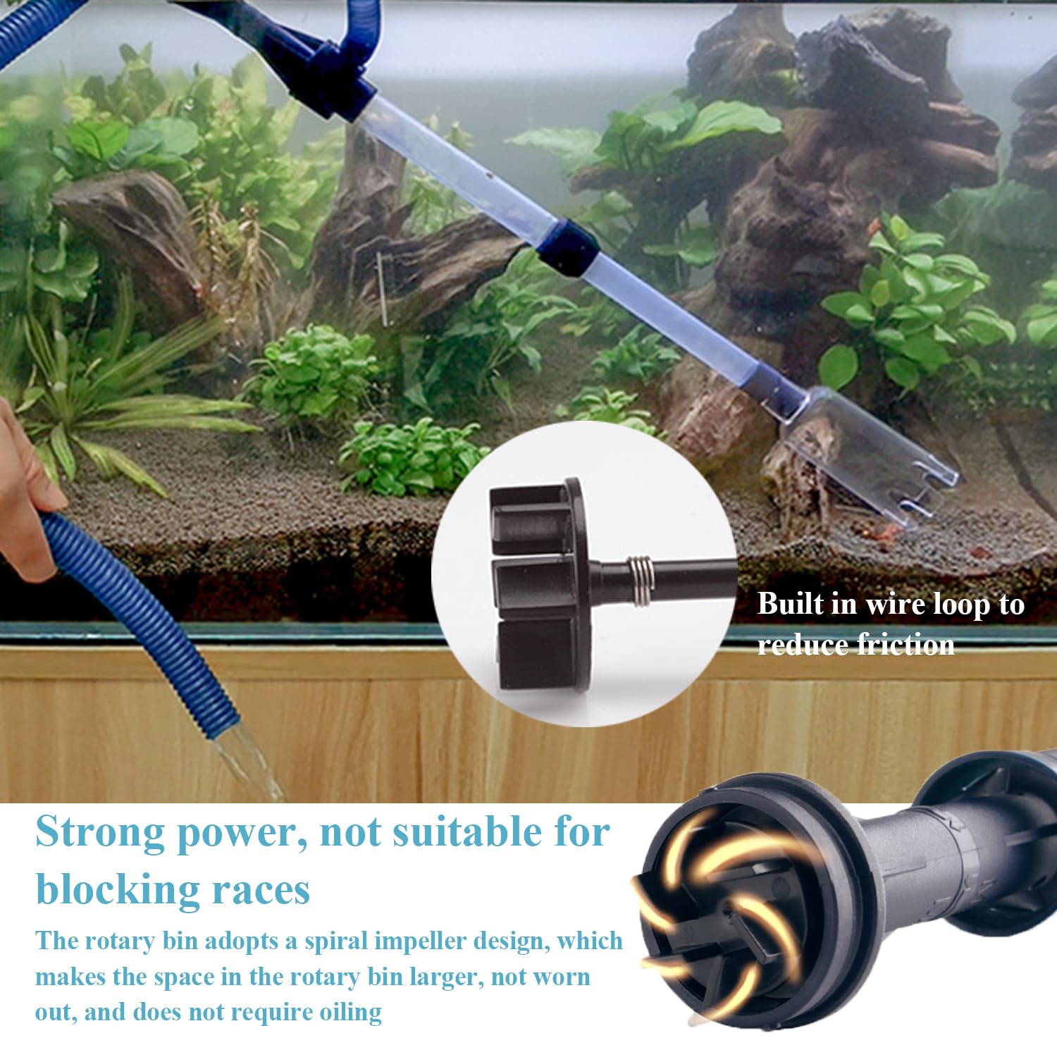 Aquarium cleaning tool with spiral impeller design being used on an aquarium.