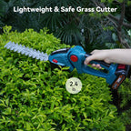 Handheld grass cutter being used on a bush with text highlighting its lightweight and safe features.