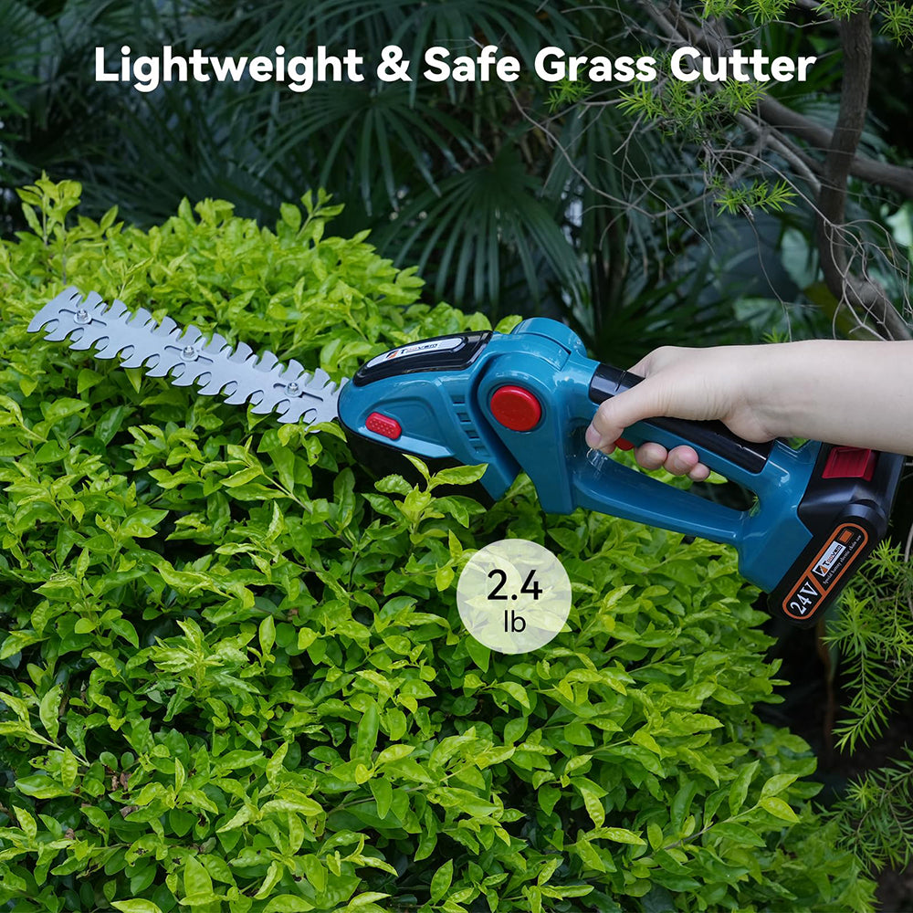 Handheld grass cutter being used on a bush with text highlighting its lightweight and safe features.