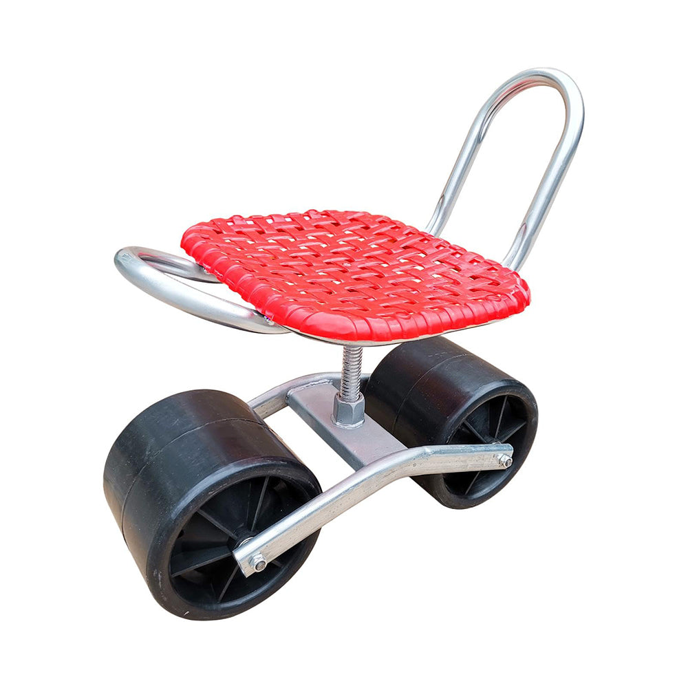 Red seat with black wheels on a white background