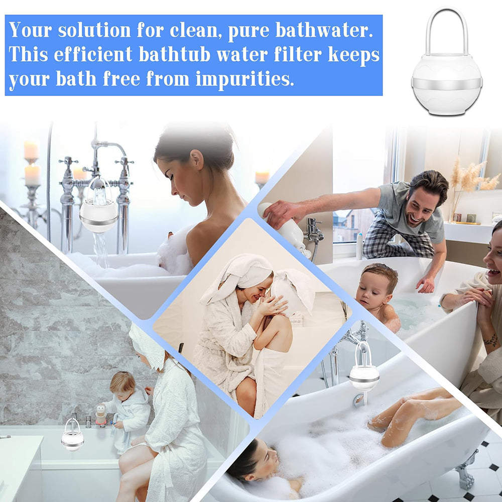 Collage of people using a bathtub with a water filter, emphasizing cleanliness and purity.