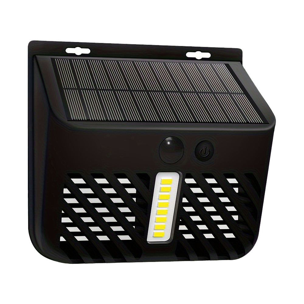 Black solar-powered outdoor light with LED indicator on a white background