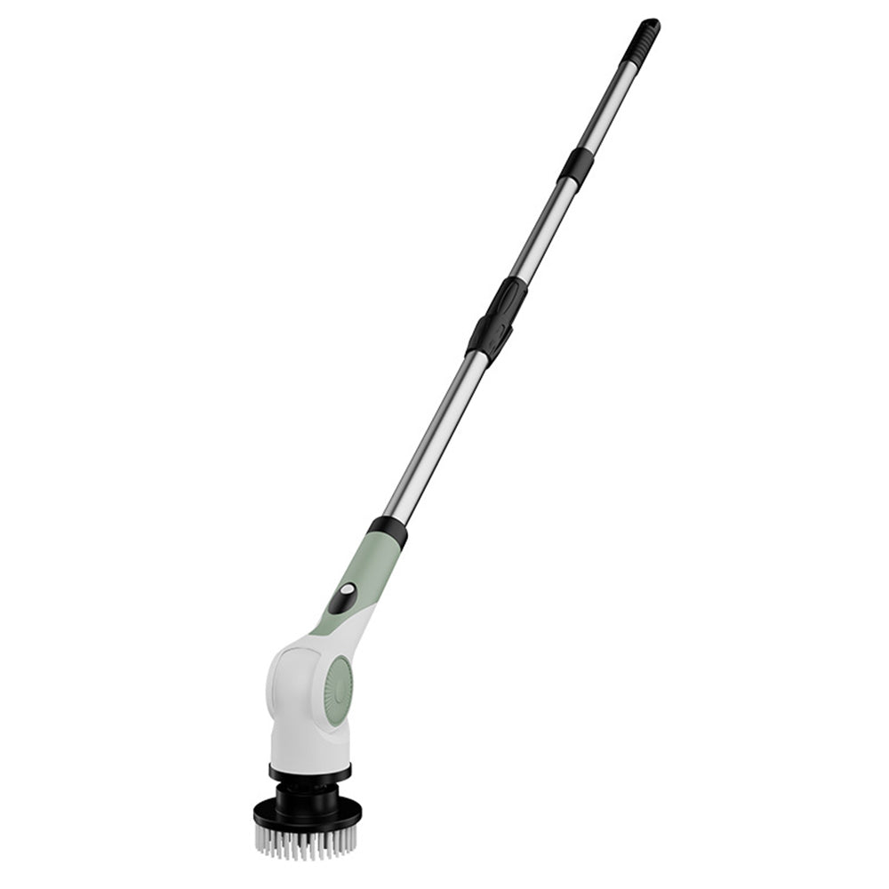 Gardening tool with a long handle and brush head on a white background