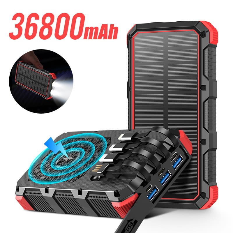 36800mAh Solar Power Bank with 4 Cables LED Light