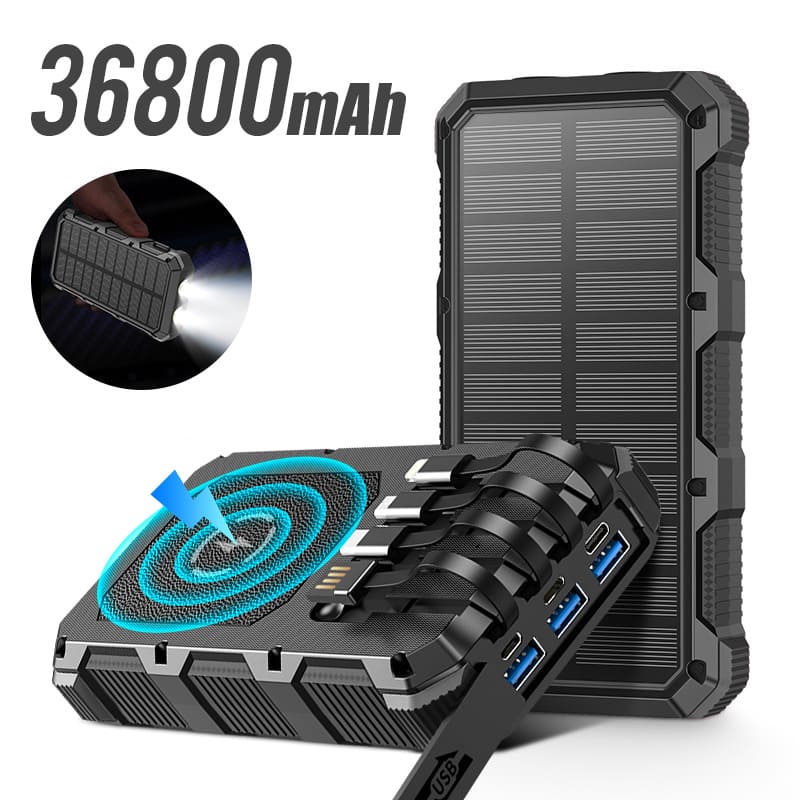 36800mAh Solar Power Bank with 4 Cables LED Light