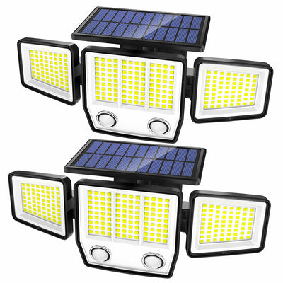 Set of solar-powered outdoor lights with multiple panels on a white background