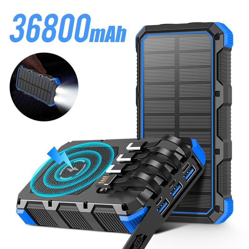 36800mAh Solar Power Bank with 4 Cables LED Light