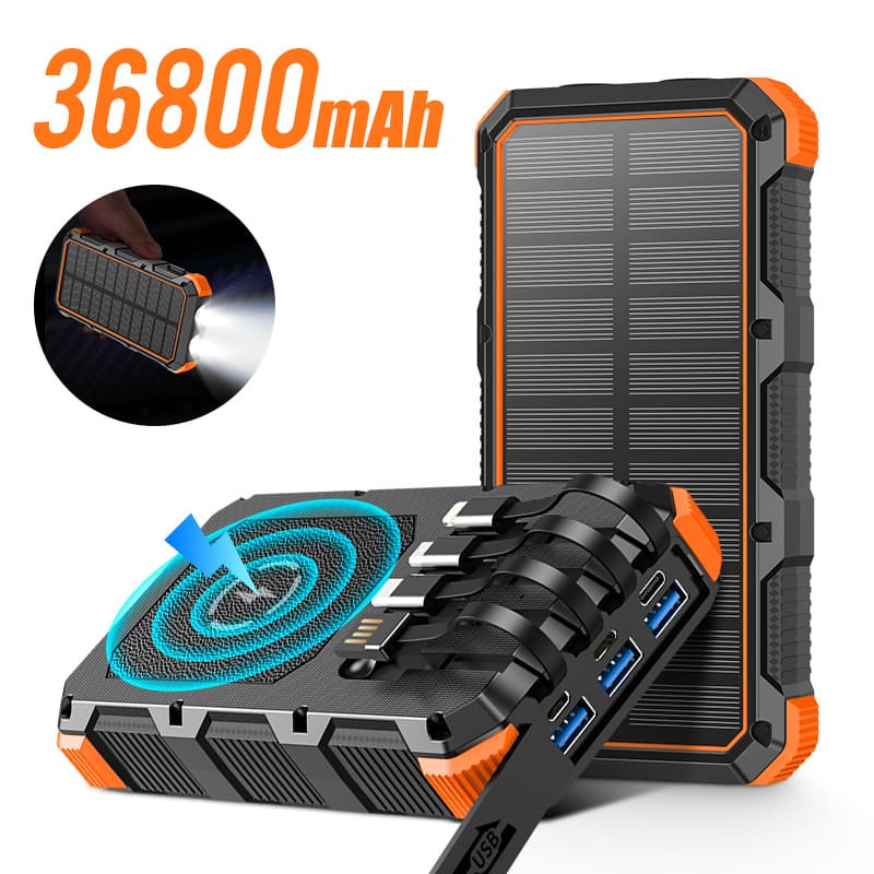 36800mAh Solar Power Bank with 4 Cables LED Light