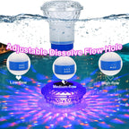 Pond water feature with adjustable dissolve flow hole labeled 'Low-flow', 'Medium-flow', and 'High-flow'.