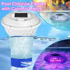 Pool chlorine floater with colorful lights in a pool setting