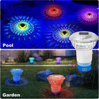 Colorful underwater lights for pool and garden with a solar-powered light on a grassy background.
