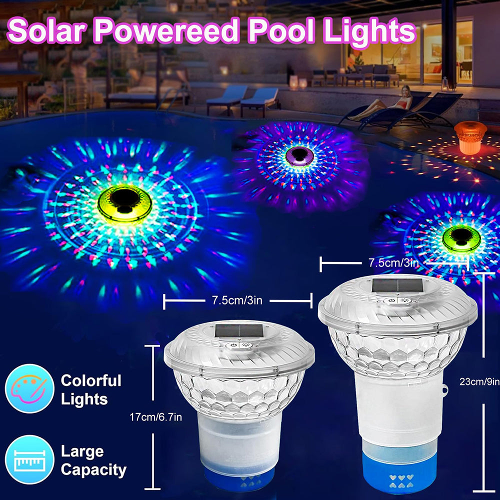 Solar powered pool lights with colorful illumination and measurements on a dark background
