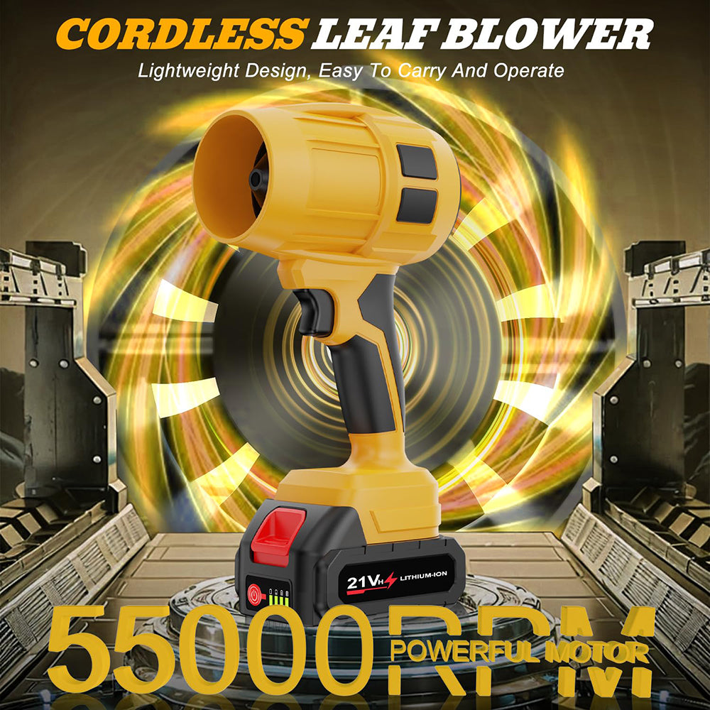 Cordless leaf blower with powerful motor on a dynamic background