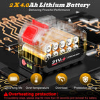 Lithium-ion battery pack with circuit board background, highlighting features and specifications.