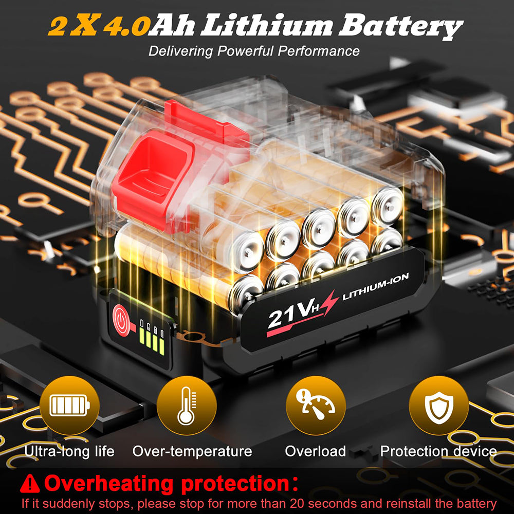 Lithium-ion battery pack with circuit board background, highlighting features and specifications.