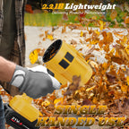 Person using a yellow leaf blower to clear leaves with text highlighting features.