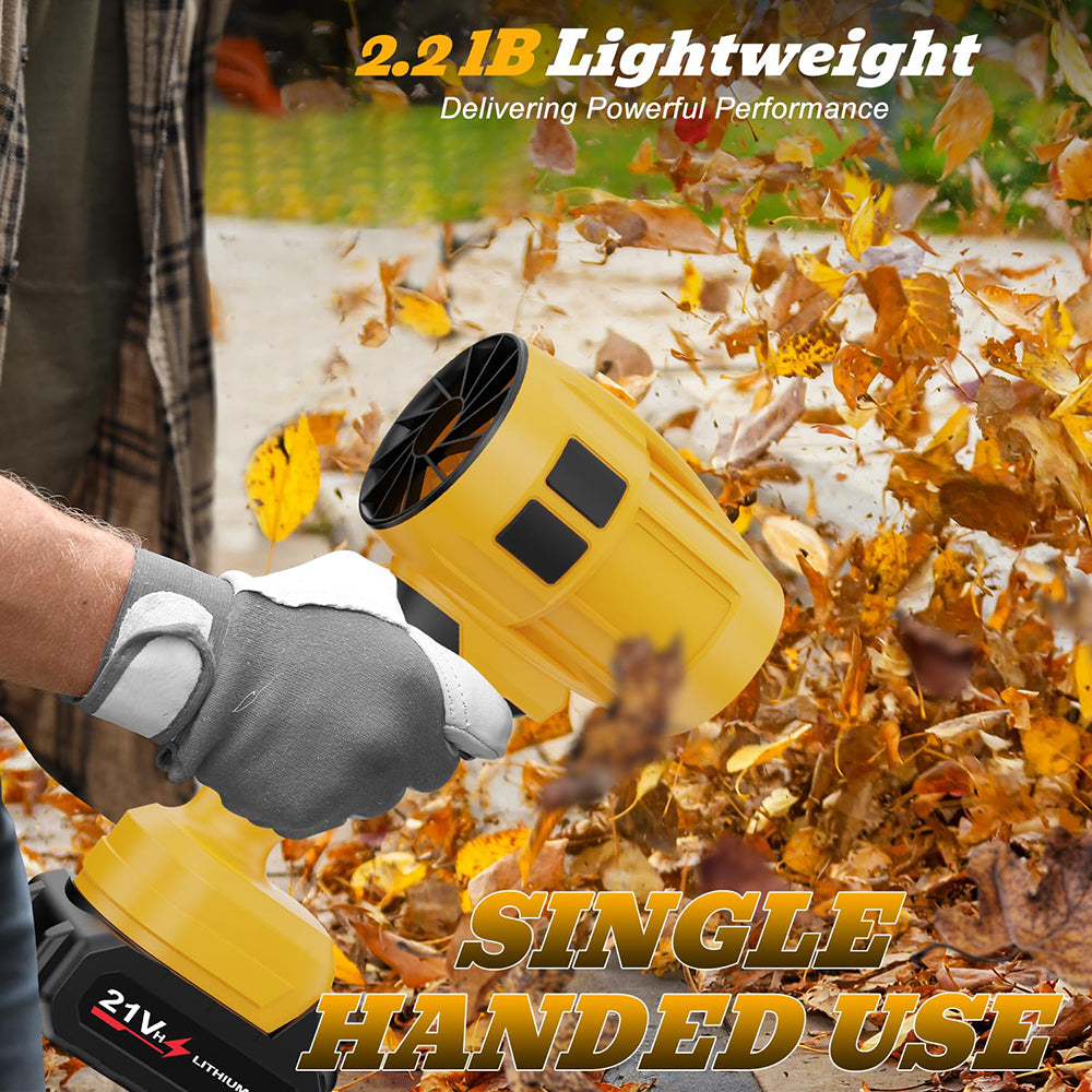 Person using a yellow leaf blower to clear leaves with text highlighting features.