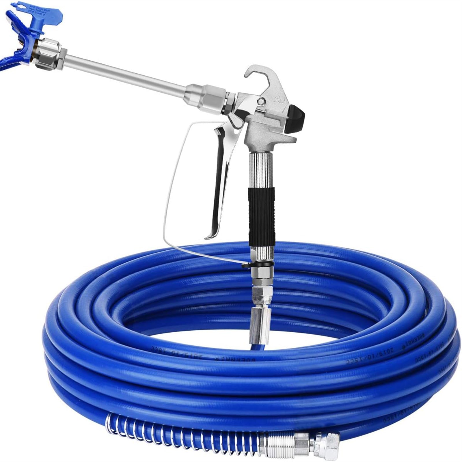 AxiaTool 1/4" x 8m airless paint sprayer hose coiled with connectors, ideal for efficient paint application.