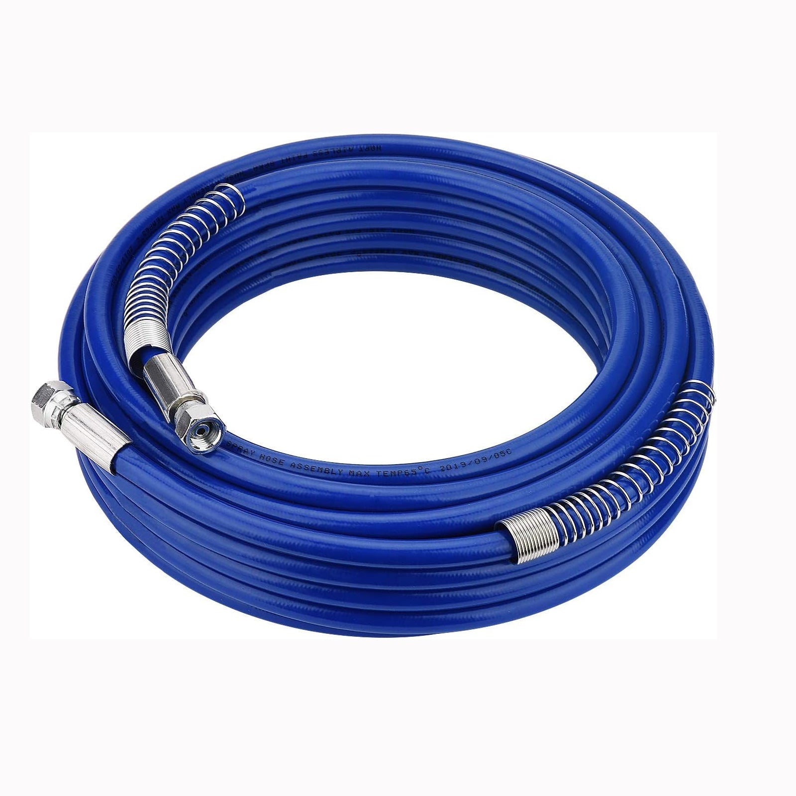 AxiaTool 1/4" x 8m airless paint sprayer hose coiled and ready for use in a workshop setting.