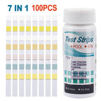 Bottle of 7-in-1 test strips for pool and spa with test strips on a white background