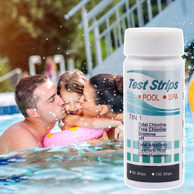 Family by a pool with a bottle of pool test strips in the foreground