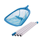 Blue pool skimmer net with extendable white rods on a white background
