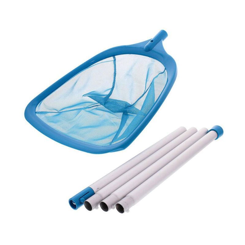 Blue pool skimmer net with extendable white rods on a white background