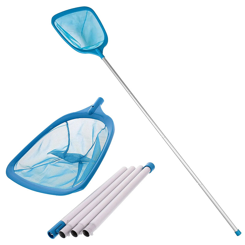 Blue pool skimmer net with extendable handle on a white background