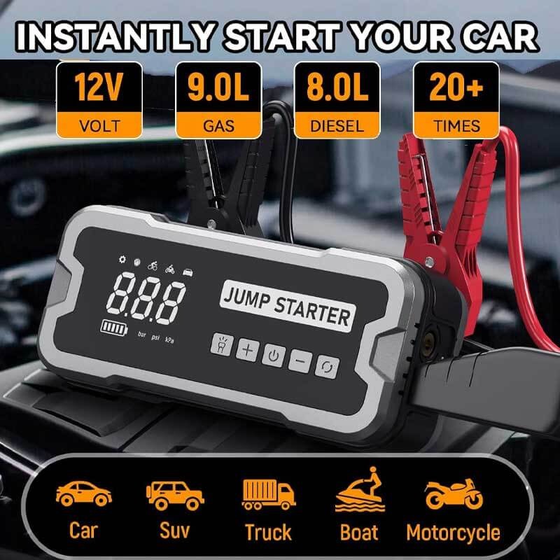 AxiaTool 4 in 1 Portable Jump Starter with Air Pump Pro, featuring compact design and multiple functions for automotive use.