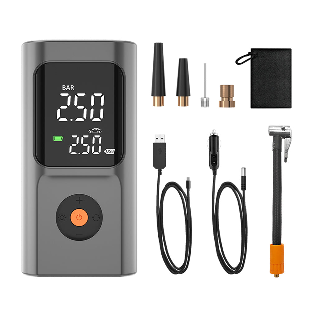 AxiaTool portable air compressor featuring a large dual digital screen for easy pressure monitoring in automotive use.