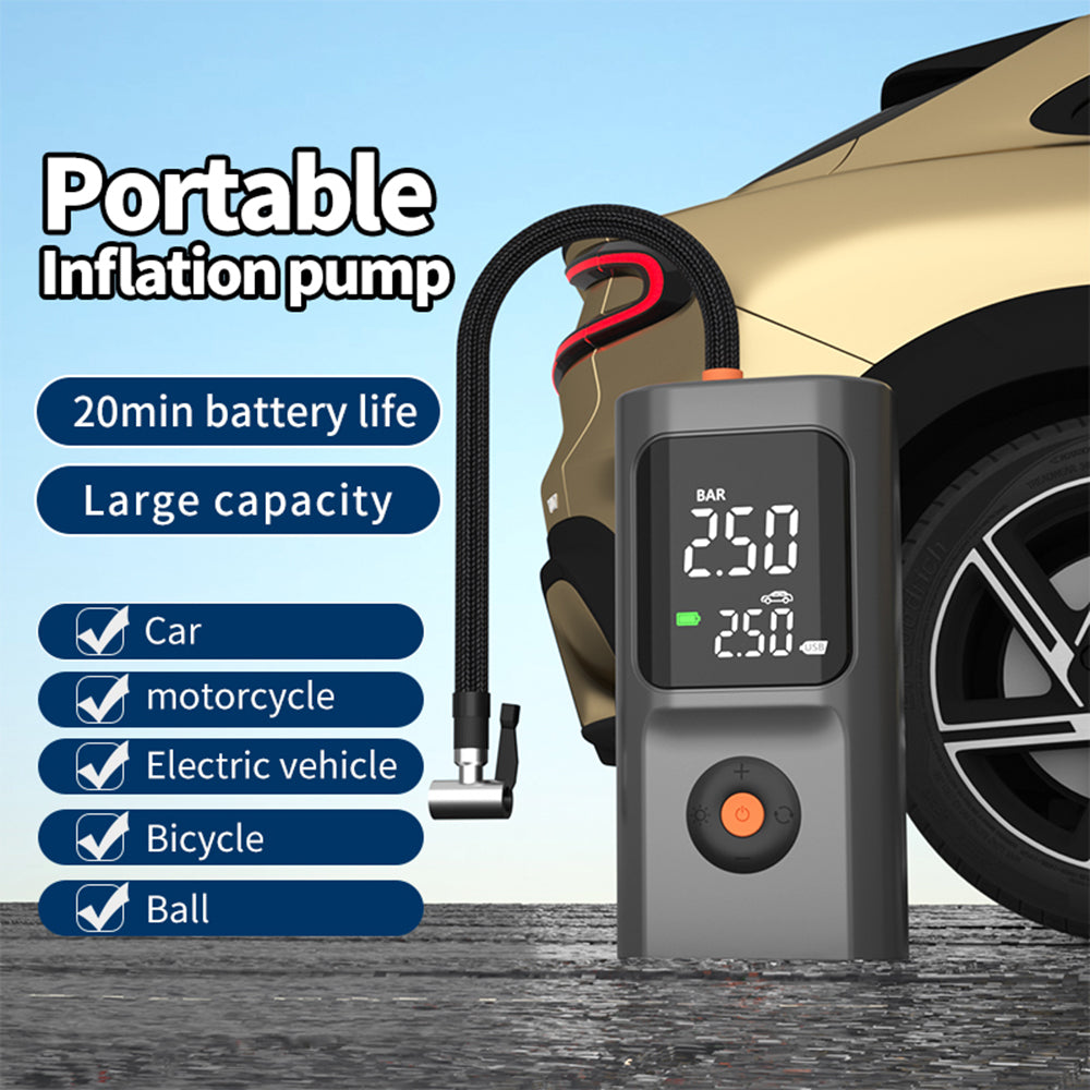 AxiaTool portable air compressor with large dual digital screen for automotive tire inflation and pressure monitoring.