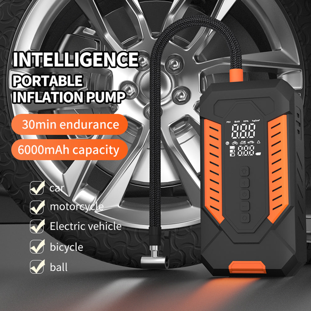 AxiaTool portable tire inflator air compressor with digital gauge and hose for car tires, set on a textured surface.