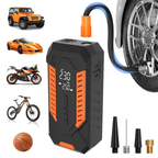 AxiaTool portable tire inflator air compressor in black and orange, designed for car tire inflation.