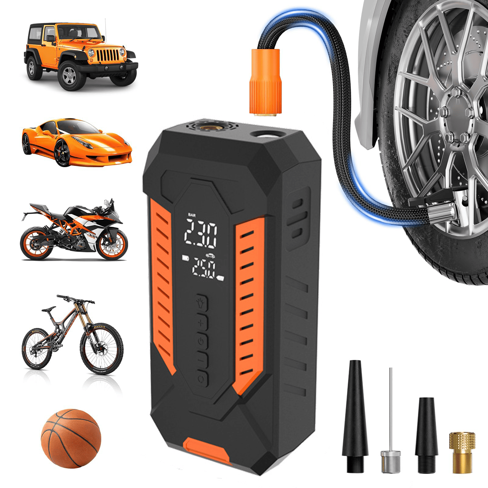 AxiaTool portable tire inflator air compressor in black and orange, designed for car tire inflation.