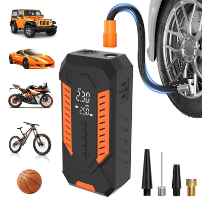 AxiaTool portable tire inflator air compressor in black and orange, designed for car tire inflation.