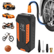 AxiaTool portable tire inflator air compressor in black and orange, designed for car tire inflation.