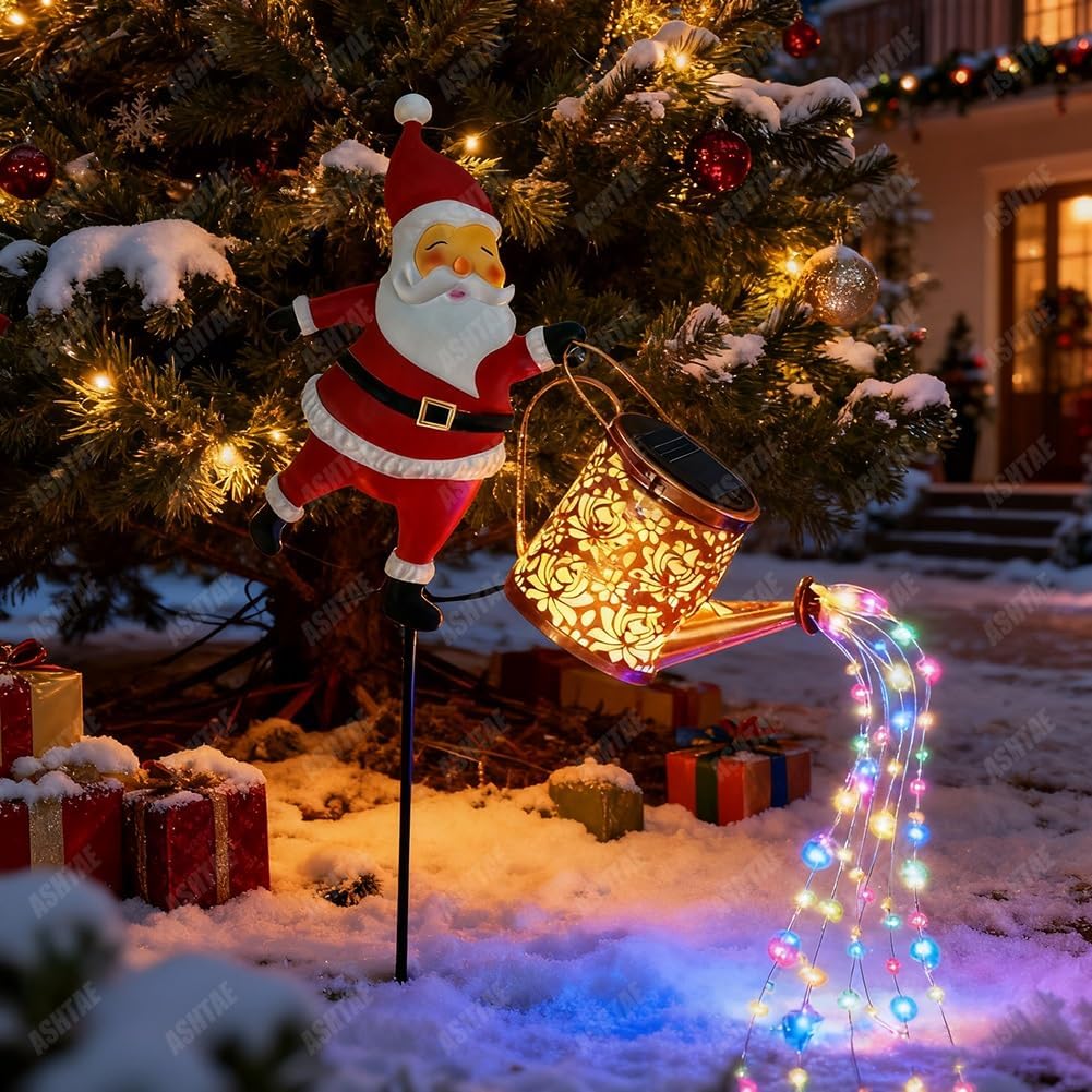 Colorful AxiaTool Christmas Santa solar kettle lights glowing in a festive outdoor setting.