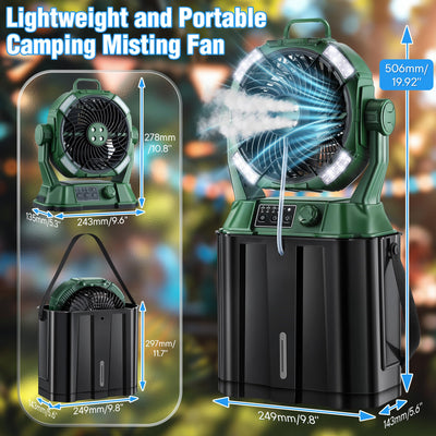 AxiaTool portable misting fan with remote control, designed for cooling outdoor patios on warm days.