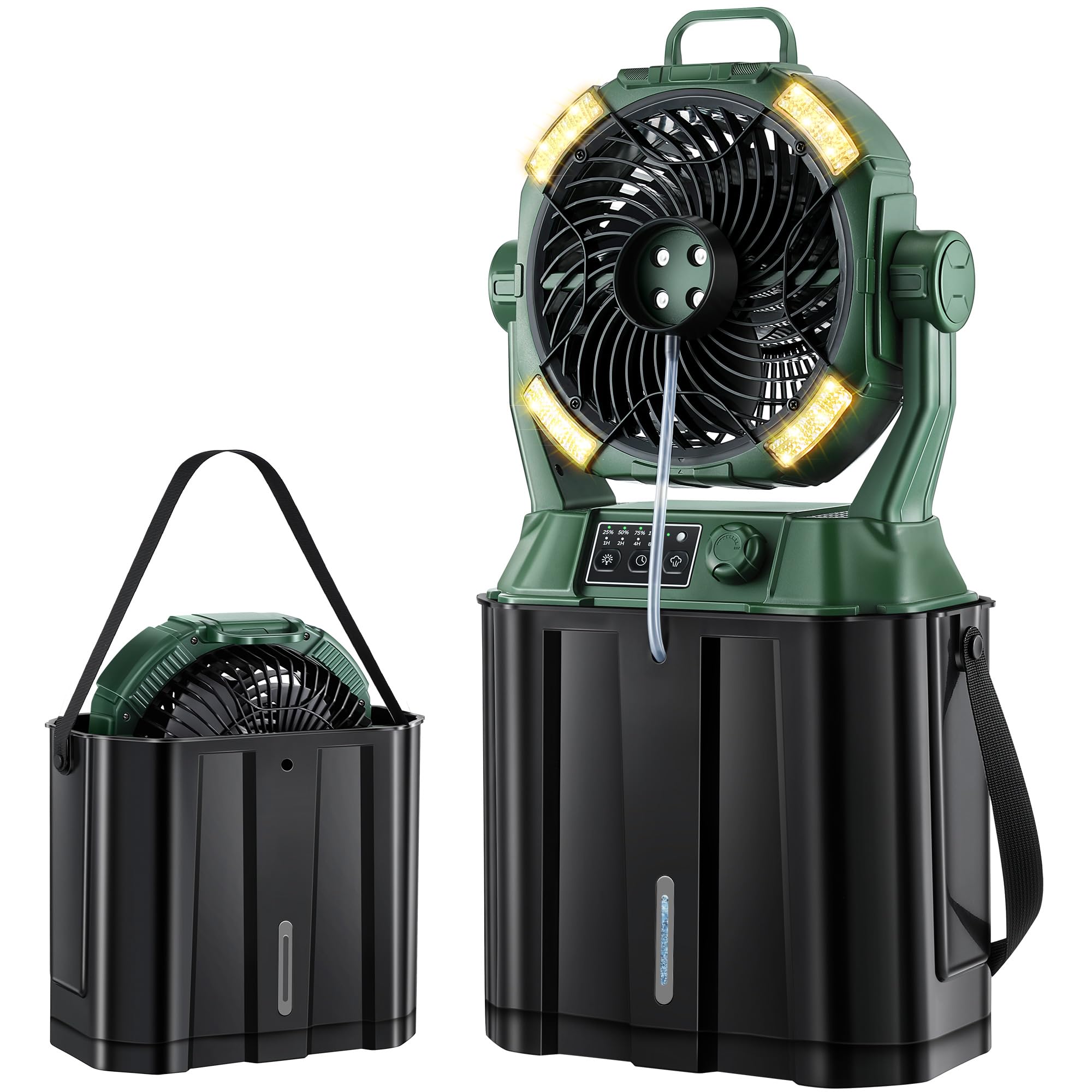 AxiaTool portable misting fan with remote control, designed for outdoor patios, showcasing sleek design and misting feature.