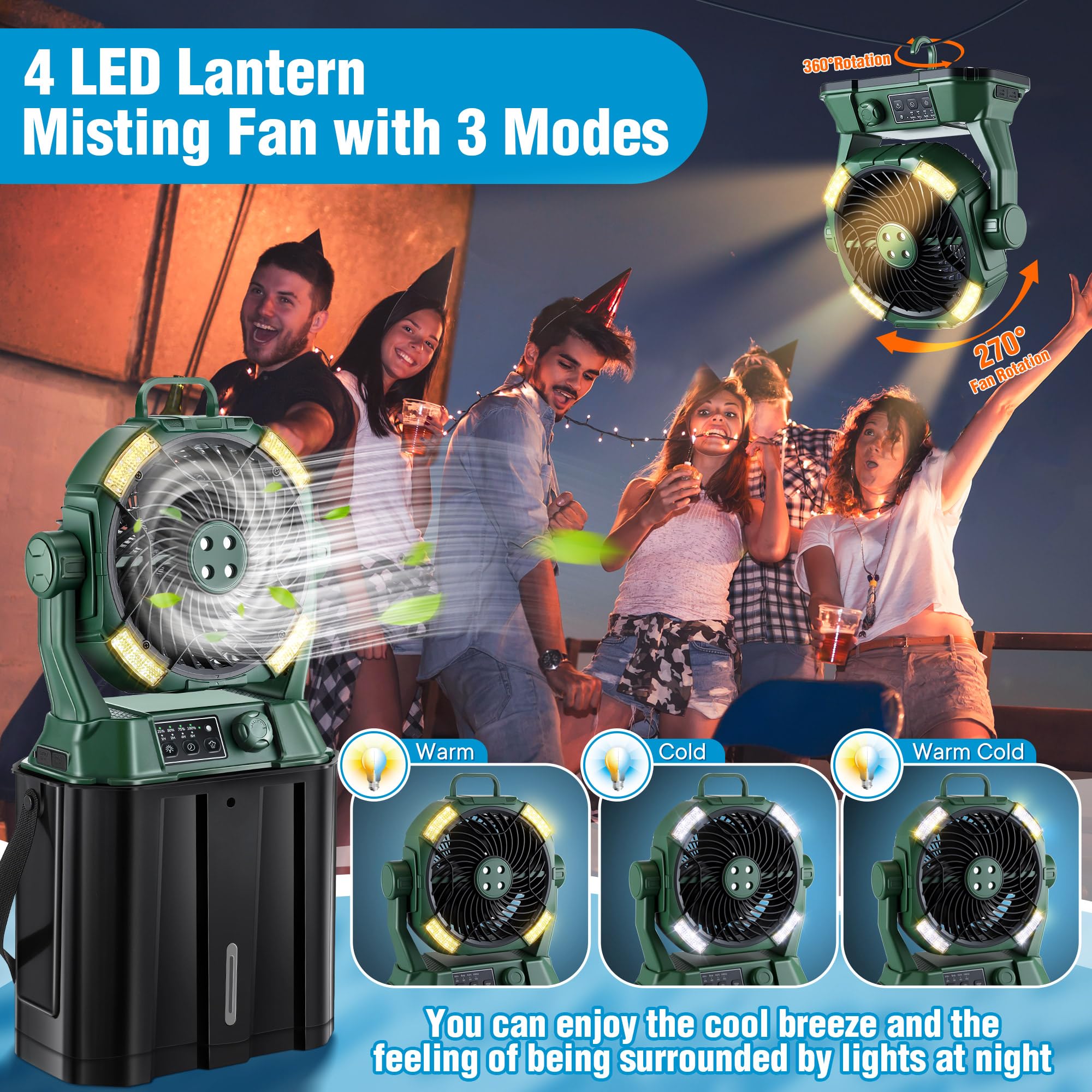 AxiaTool portable misting fan with remote control, designed for cooling outdoor patios on warm days.