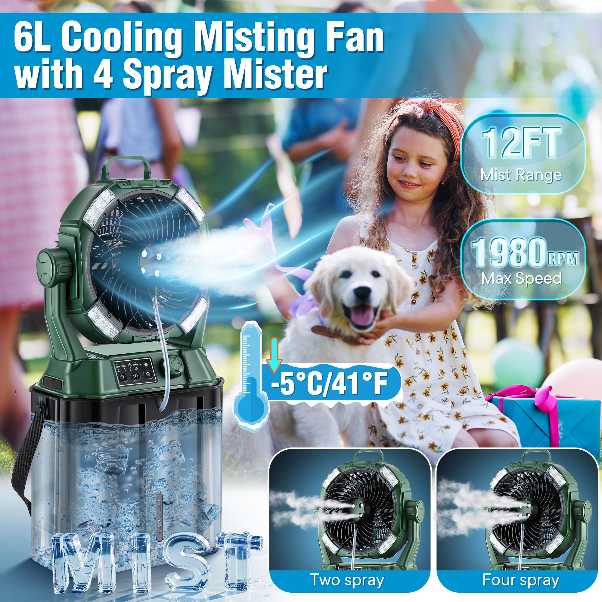 AxiaTool portable misting fan with remote control, perfect for outdoor patios on warm days.